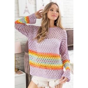 Bibi - Rainbow Stripe Hollow Out Crochet Top - Large